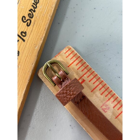 Pebbled Leather Skinny Belt M/L Brown Adjustable Brass Buckle Neutral Everday - Picture 4 of 6